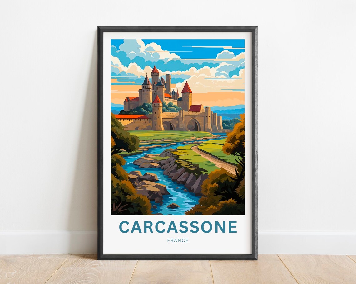 Carcassonne France Medieval Castle and River Sunset Travel Poster