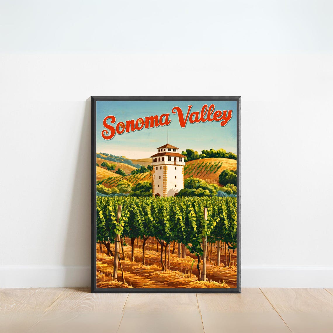 Sonoma Valley California Retro Wine Country Poster Vineyard Rows Art