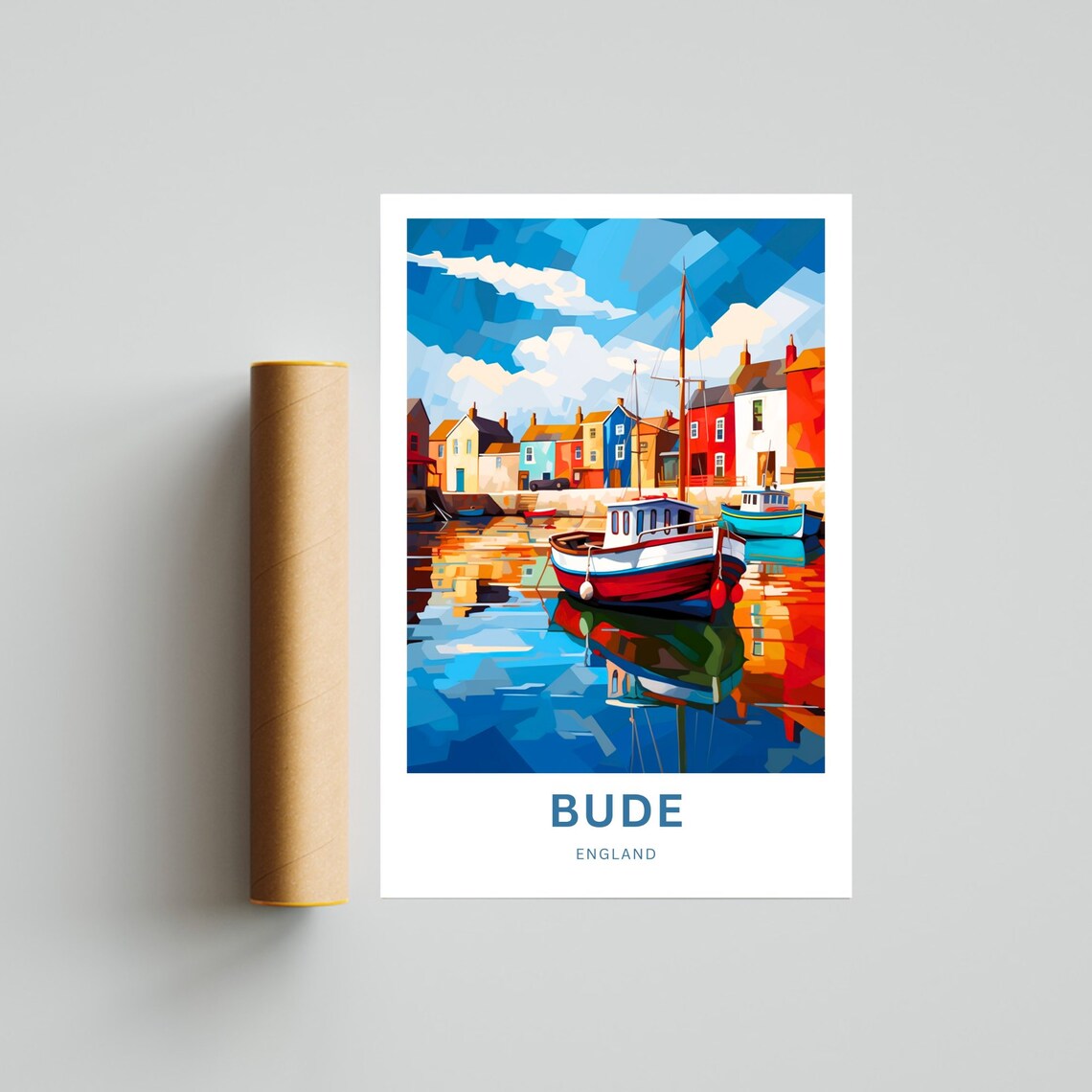Bude England Colorful Harbor Geometric Boat Art Travel Poster - Image 4