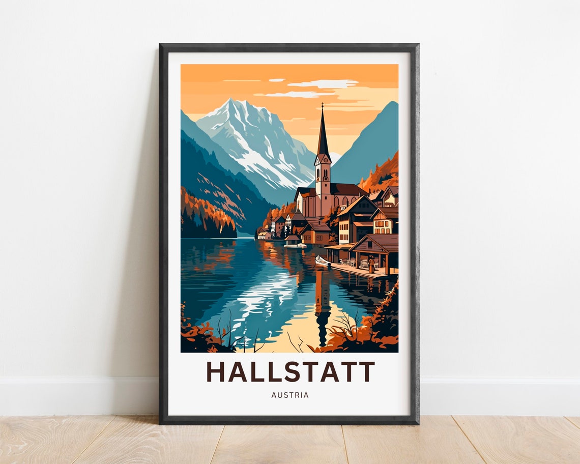 Hallstatt Austria Sunset Lakeside Village Retro Travel Poster