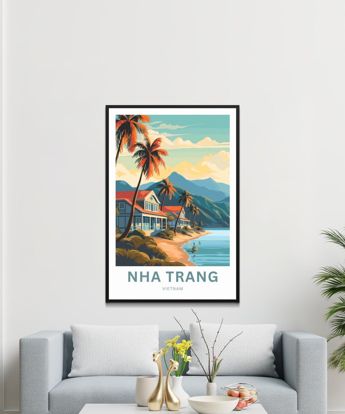 Nha Trang Vietnam Tropical Beach Villas and Palm Trees Travel Poster - Image 3