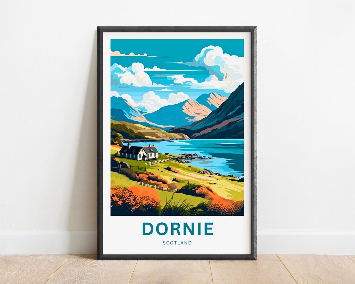 Dornie Scotland Lochside Cottages Teal Water Mountain Scene Poster