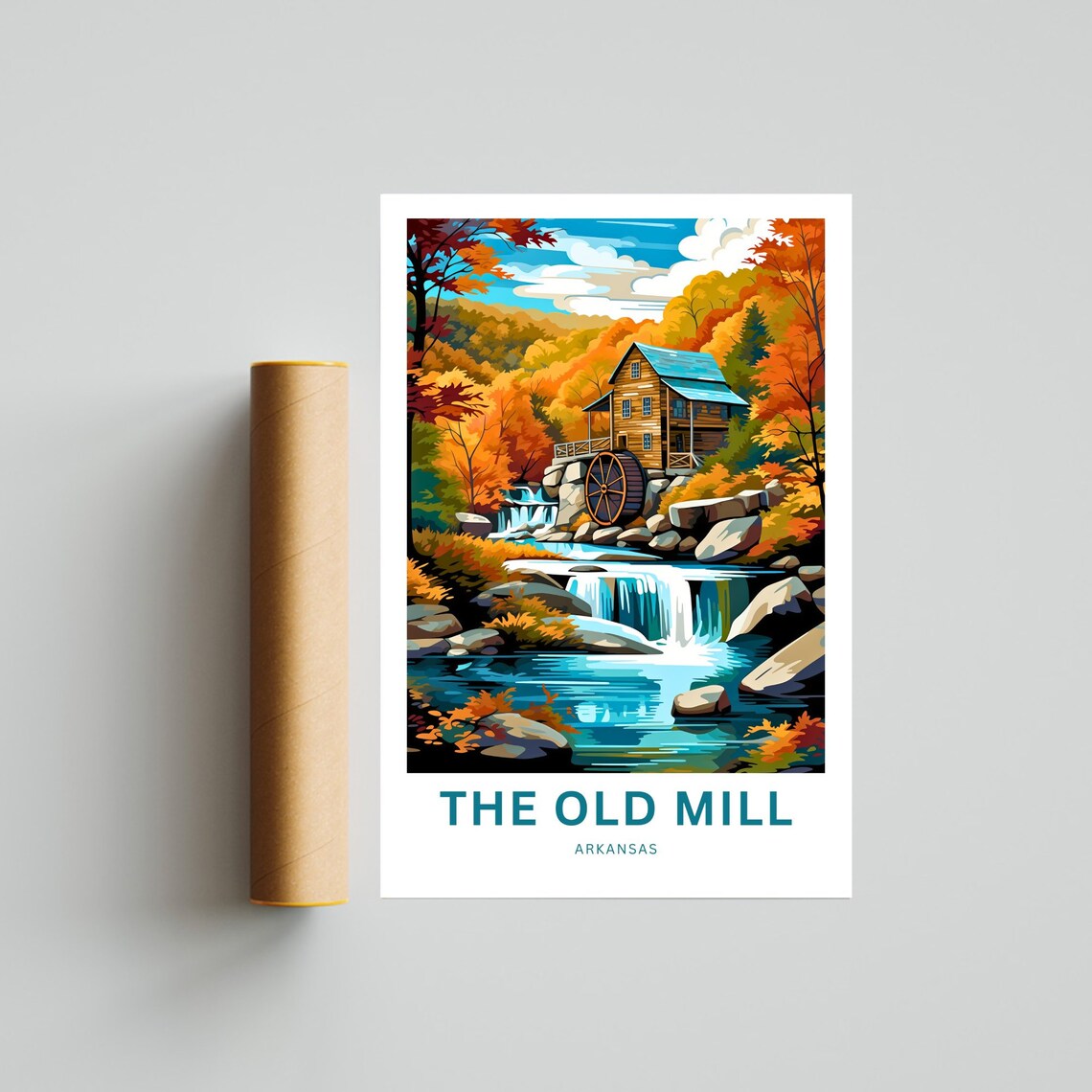 The Old Mill Arkansas Waterwheel Waterfall Autumn Custom Travel Poster - Image 4
