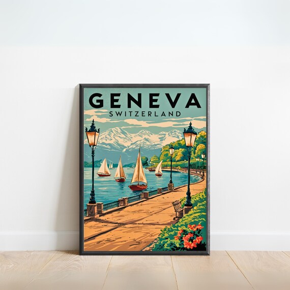 Geneva Switzerland Vintage Travel Poster Lake Sailboats Alps Art