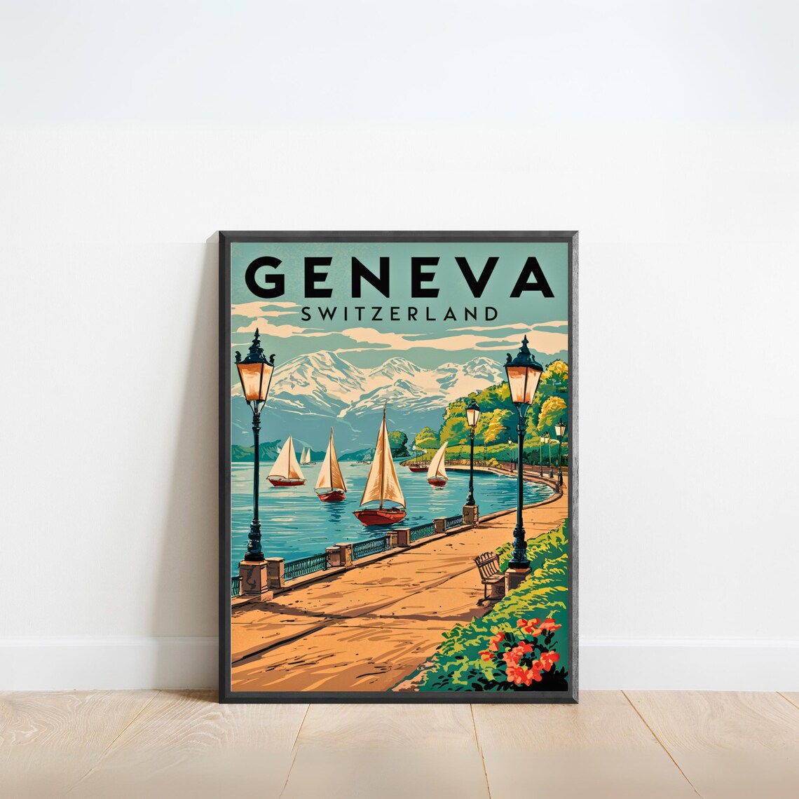 Geneva Switzerland Vintage Travel Poster Lake Sailboats Alps Art