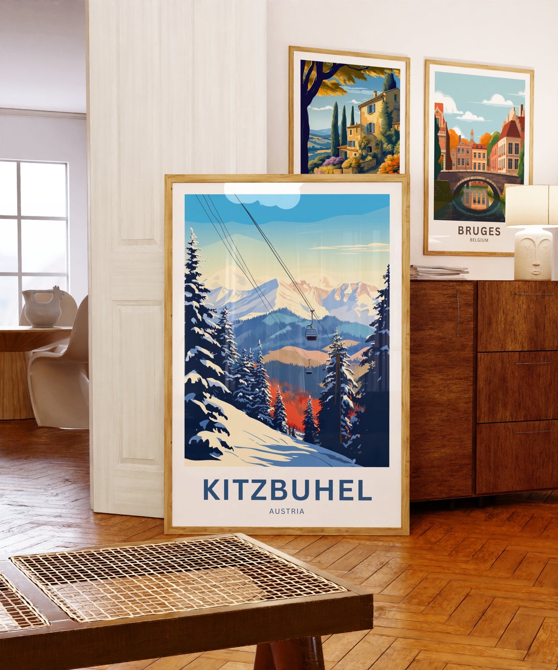 Kitzbuhel Ski Gondolas Snowy Slopes Sunset Peaks Austria Travel Poster - Image 5