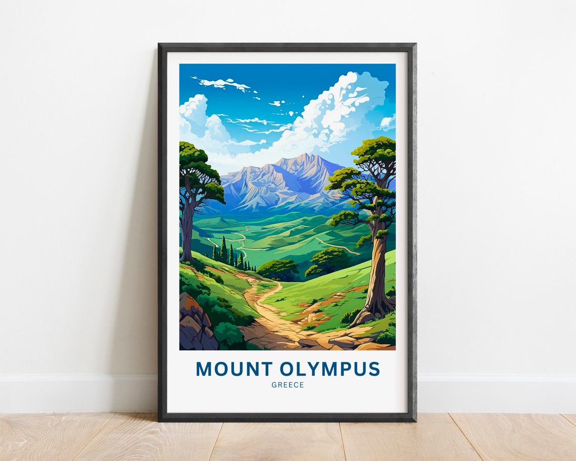 Mount Olympus Greece Green Valley Path Twin Trees Travel Poster