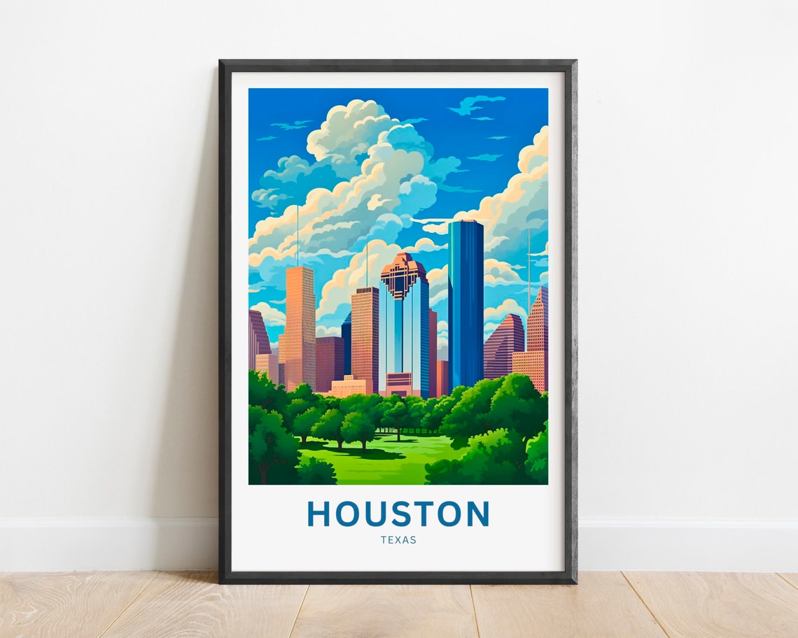 Houston Texas Skyline City Park Clouds Vintage Travel Poster