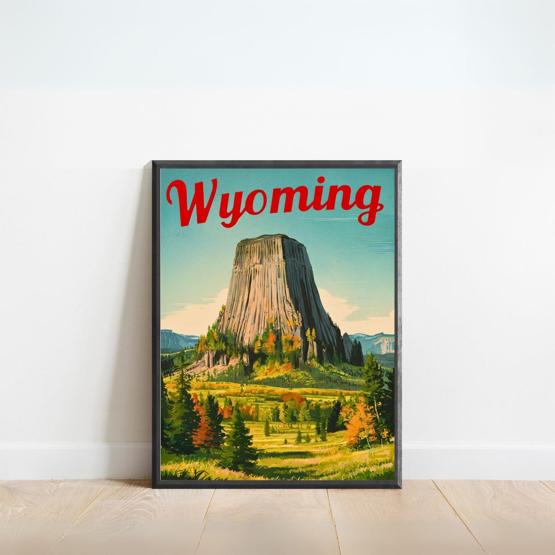 Wyoming Vintage Devils Tower Fall Prairie Landscape Travel Poster