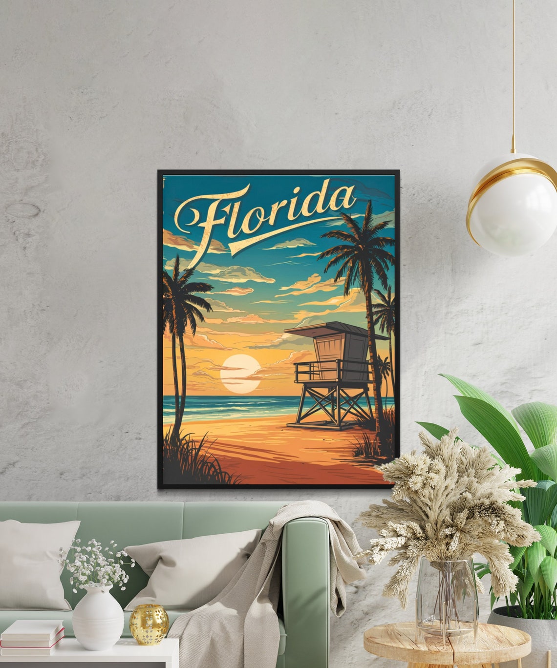 Florida Lifeguard Tower Beach Sunset Palms Retro Vintage Travel Poster - Image 2