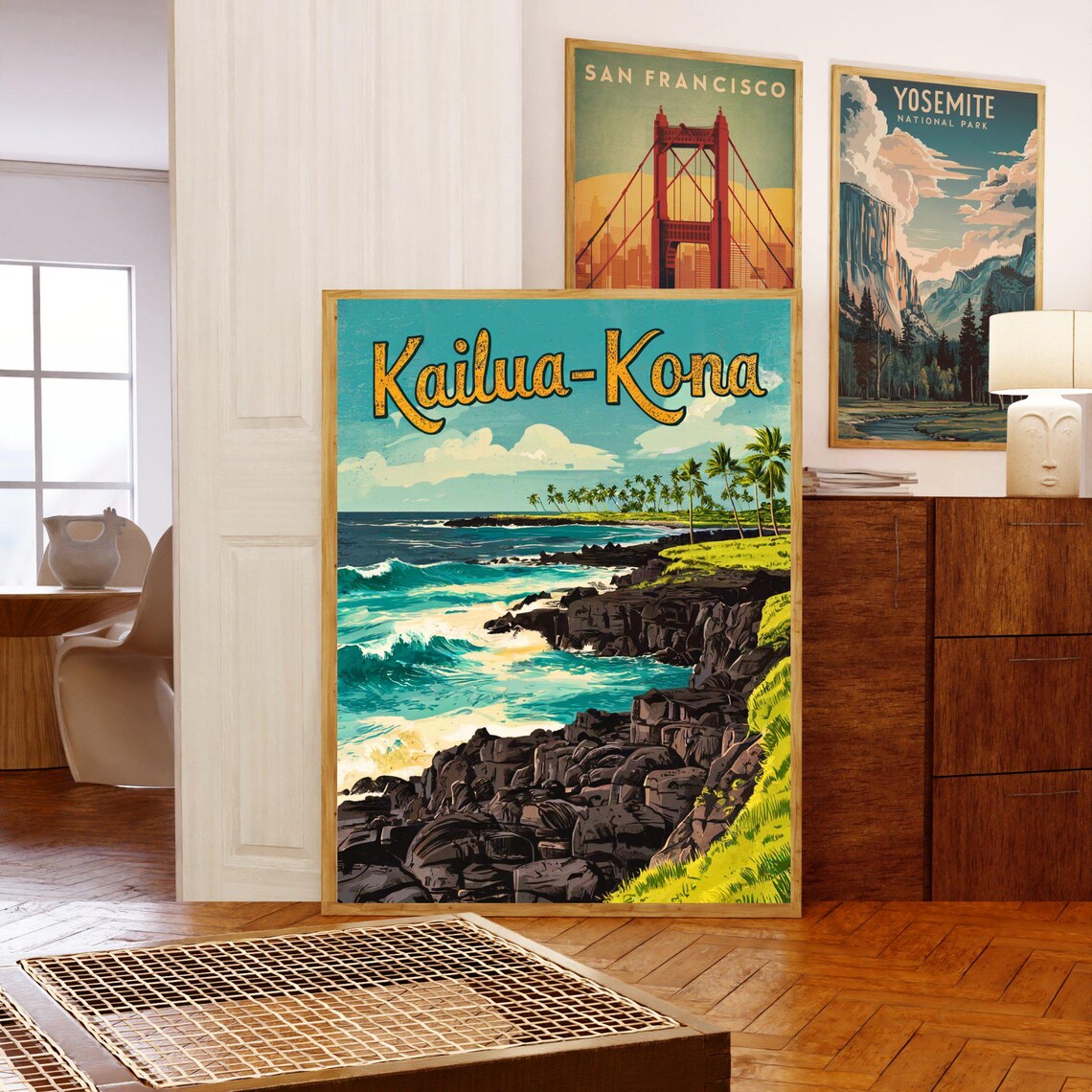 Kailua Kona Hawaii Vintage Lava Coast Palm Trees Travel Poster - Image 5