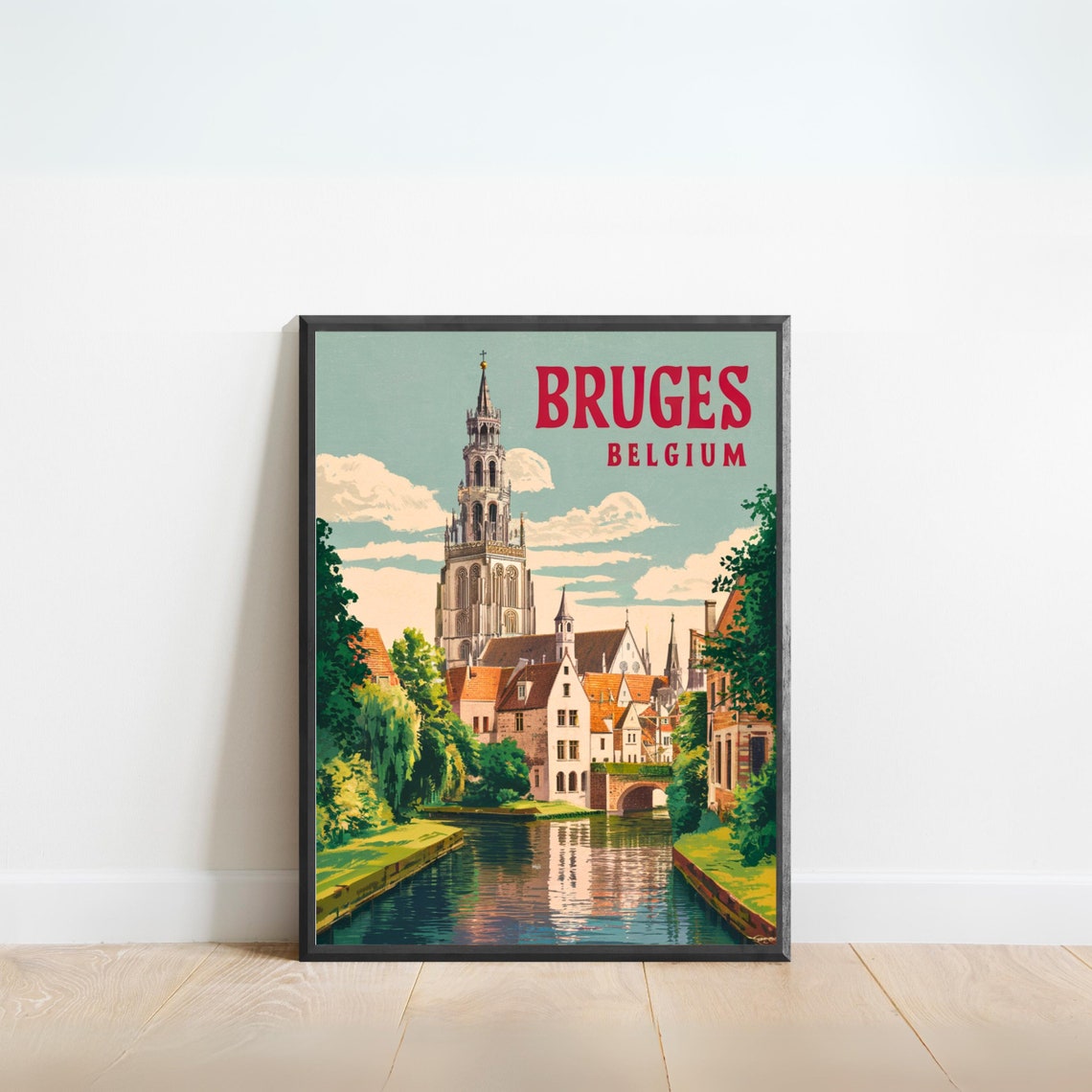 Bruges Belgium Canal Church Tower Green Riverside Poster Art