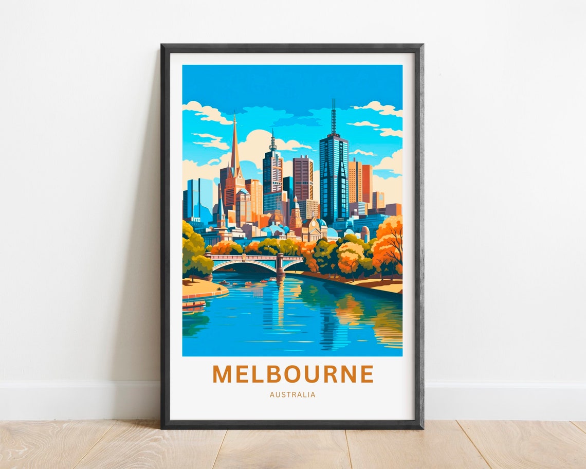 Melbourne Australia Skyline River Bridge Vintage Travel Poster