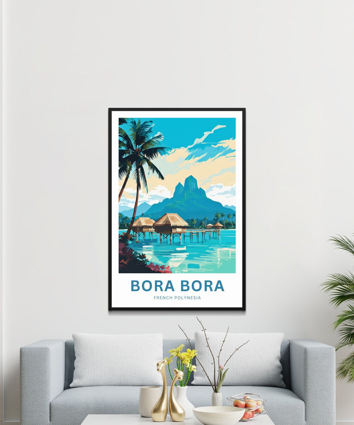 Personalized Bora Bora Custom Text Tropical Palm Overwater Hut Poster - Image 3
