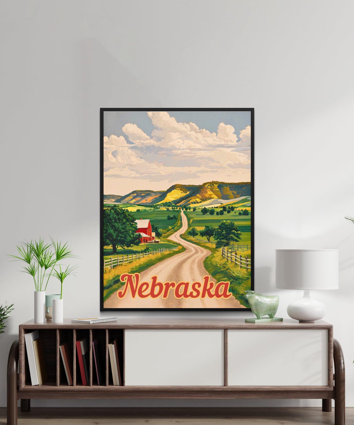 Nebraska Country Road Red Barn Rolling Hills Vintage Art Poster - Image 3