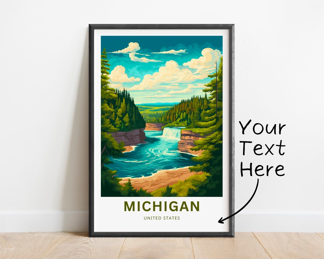 Michigan United States Waterfall Forest Gorge Scenery Travel Poster
