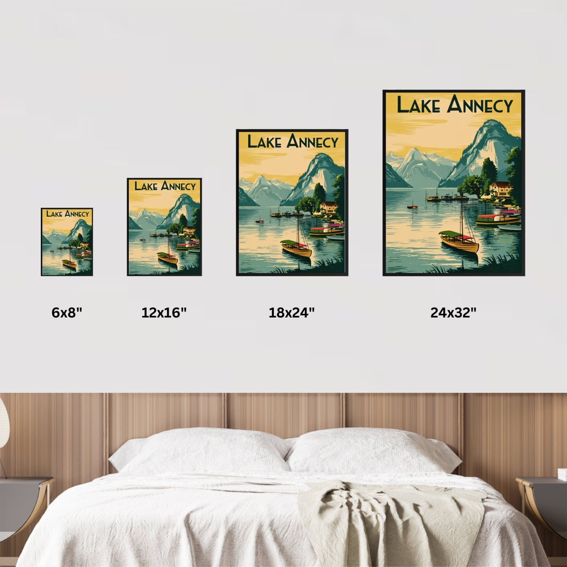 Lake Annecy Golden Sky Sailboat Mountain Shore Vintage Poster - Image 3