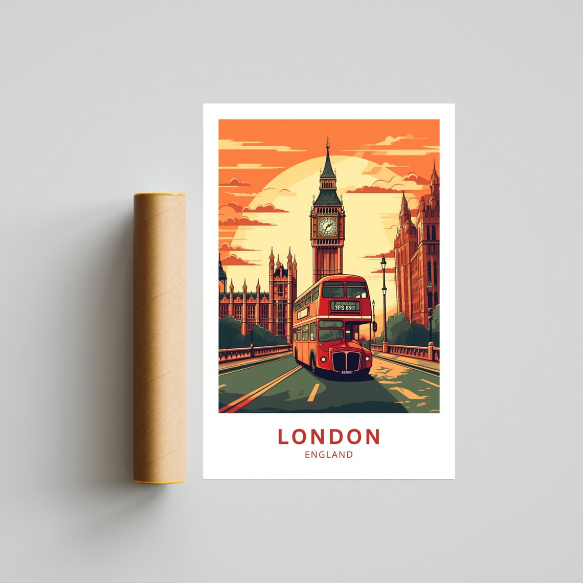 London England Big Ben Red Bus Sunset City Landmark Travel Poster - Image 3