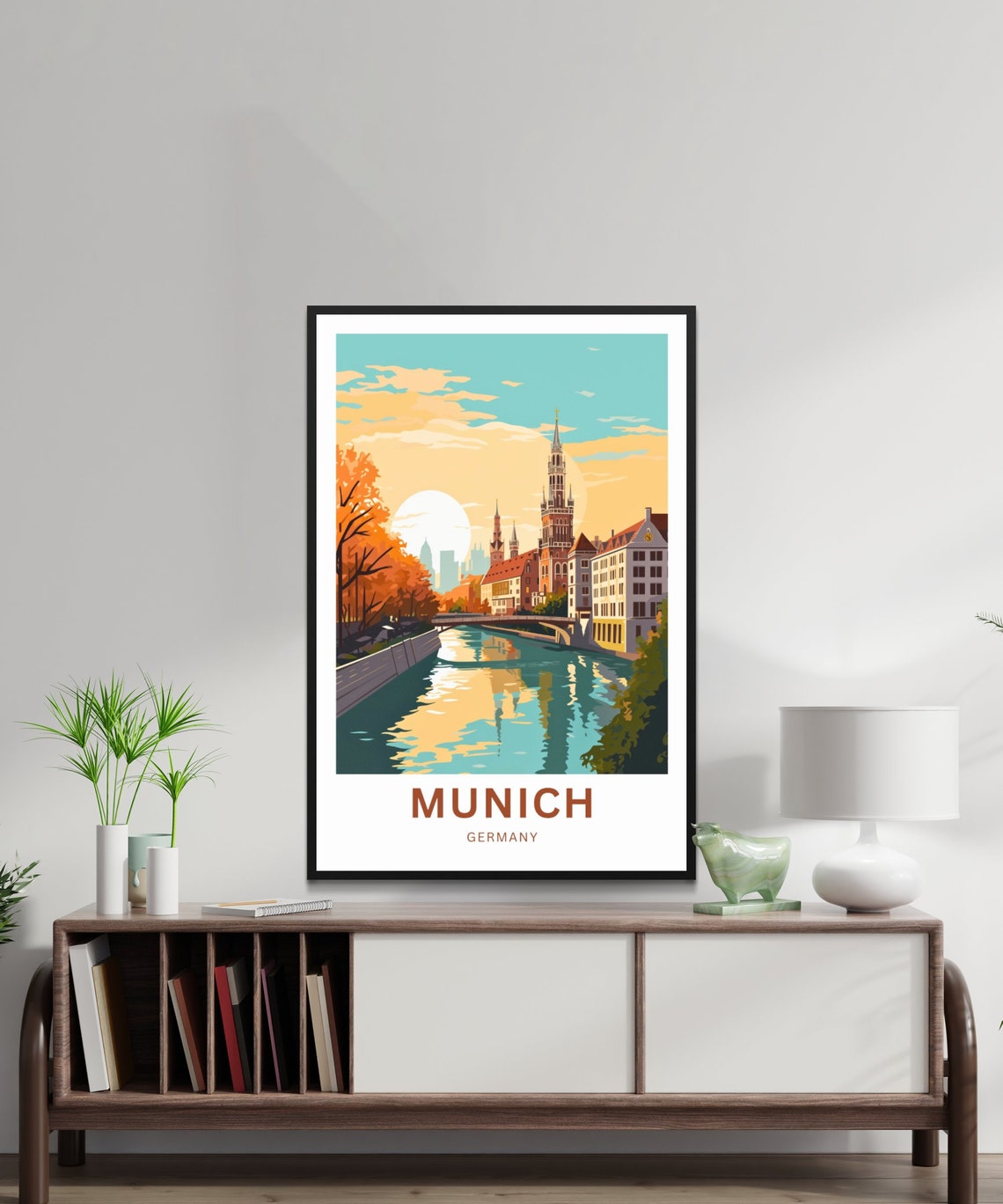 Munich Germany Autumn River Reflection Bridge Sunset Art Poster - Image 3