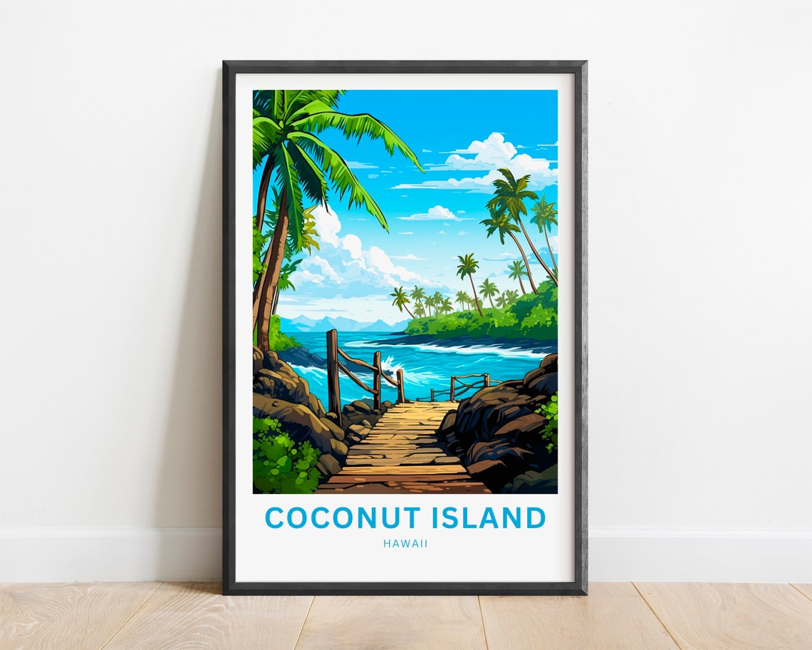 Coconut Island Hawaii Beach Boardwalk Palm Waves Travel Poster