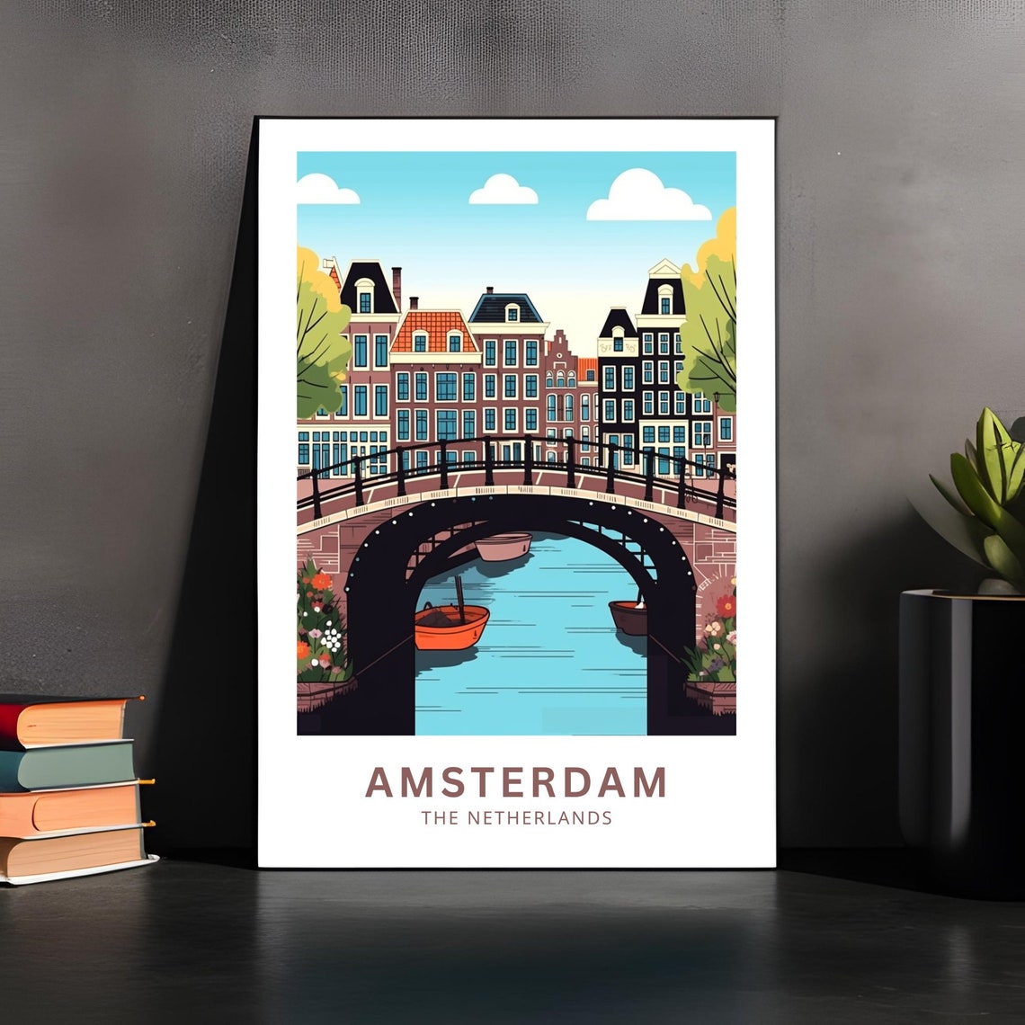 Amsterdam Canal Bridge Boats Gabled Houses Netherlands Travel Poster - Image 4