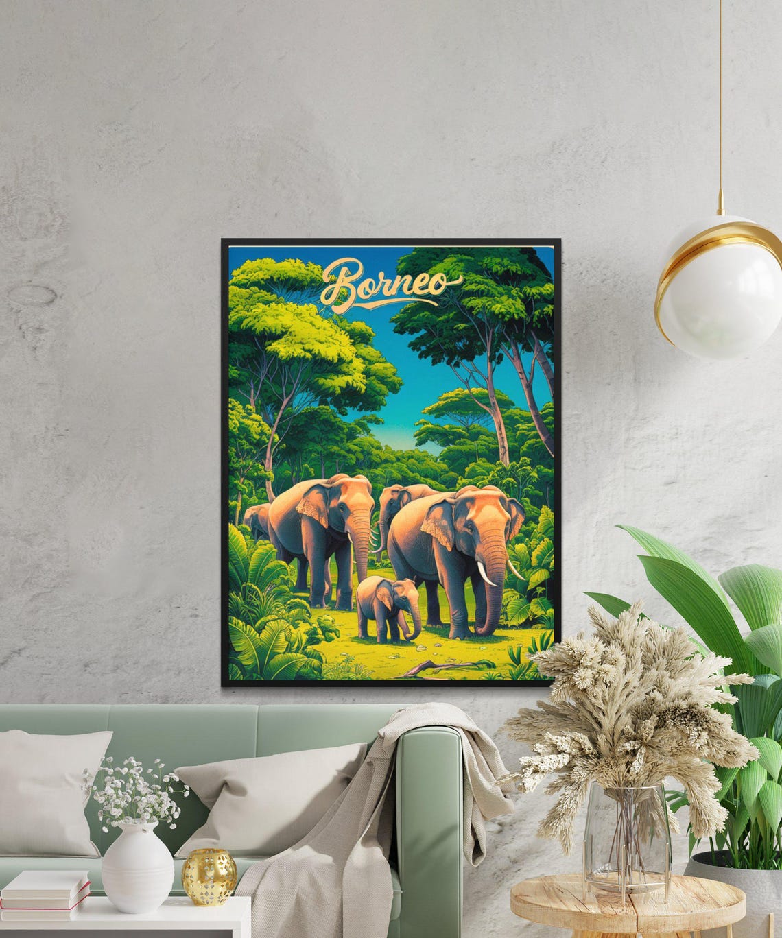 Borneo Malaysia Jungle Elephants Vintage Script Retro Travel Poster - Image 3