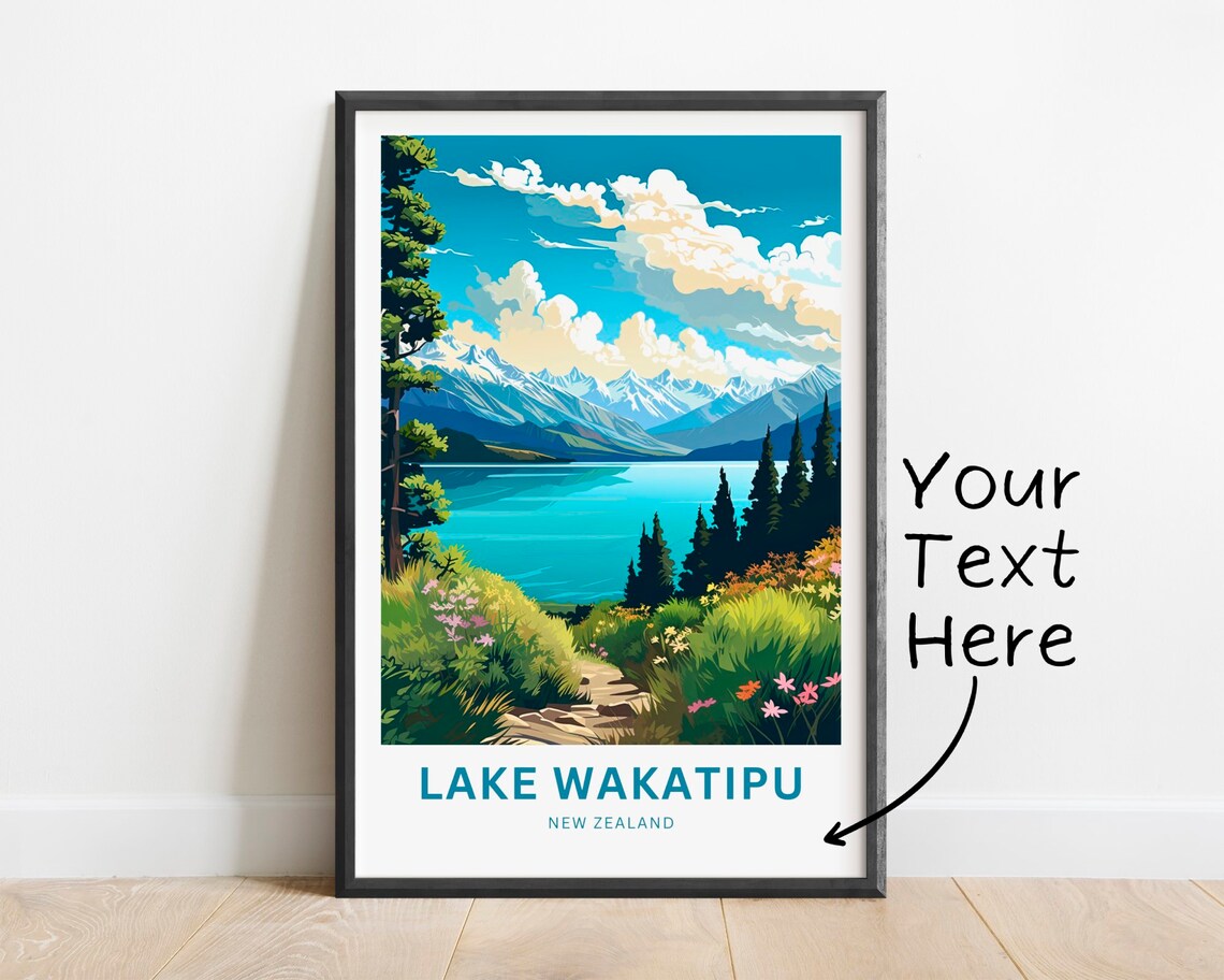 Lake Wakatipu New Zealand Hiking Trail Wildflowers Vintage Poster