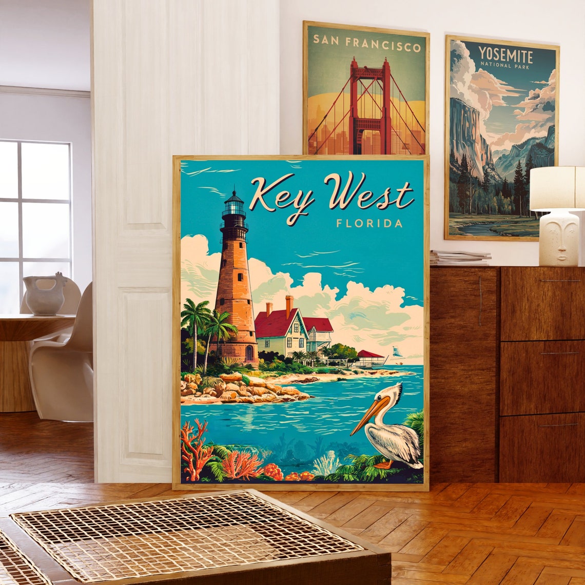 Key West Florida Lighthouse Pelican Coastal Vintage Travel Poster - Image 5