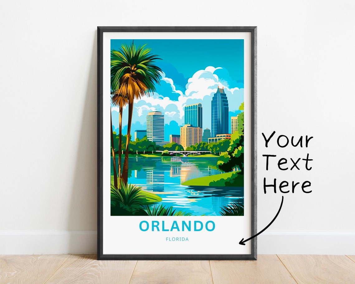 Orlando Florida Lakefront Palm Skyline Vintage Travel Poster