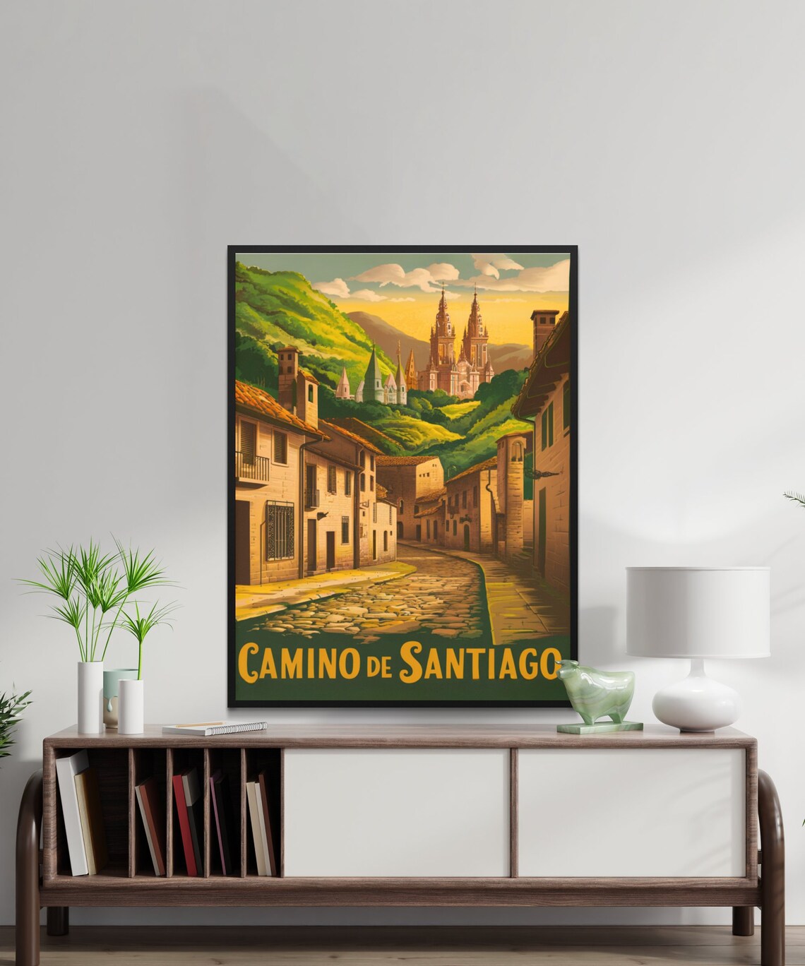 Camino de Santiago Cobblestone Village Cathedral Travel Poster - Image 3