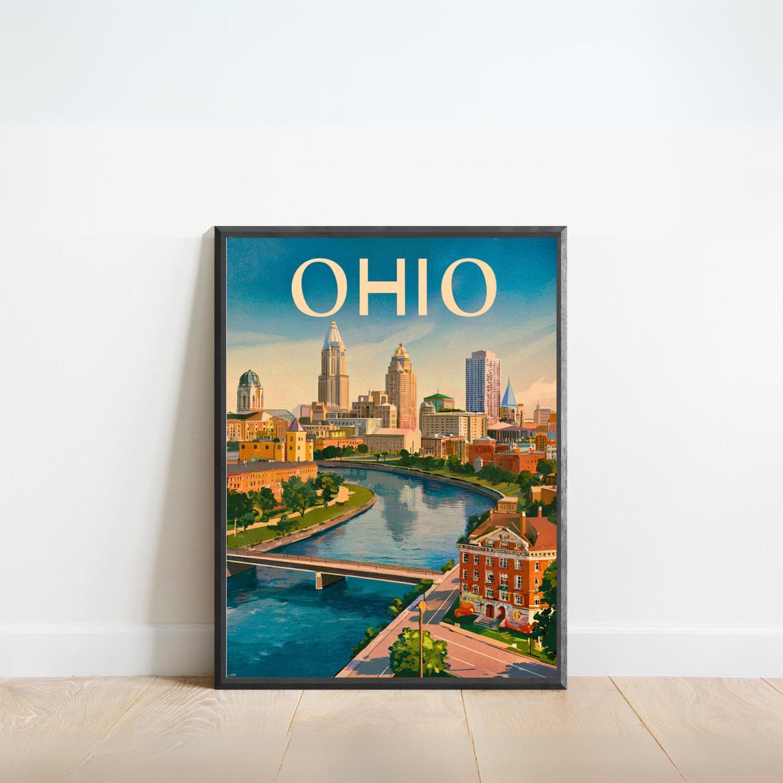 Beautiful Ohio River City Skyline Downtown Retro Travel Poster