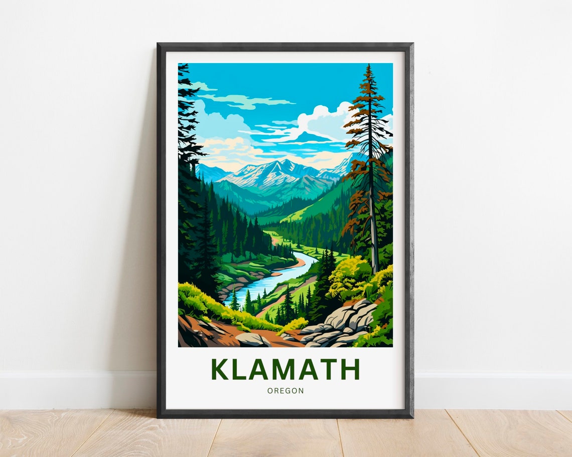 Klamath Oregon Evergreen Forest River Scene Vintage Travel Poster
