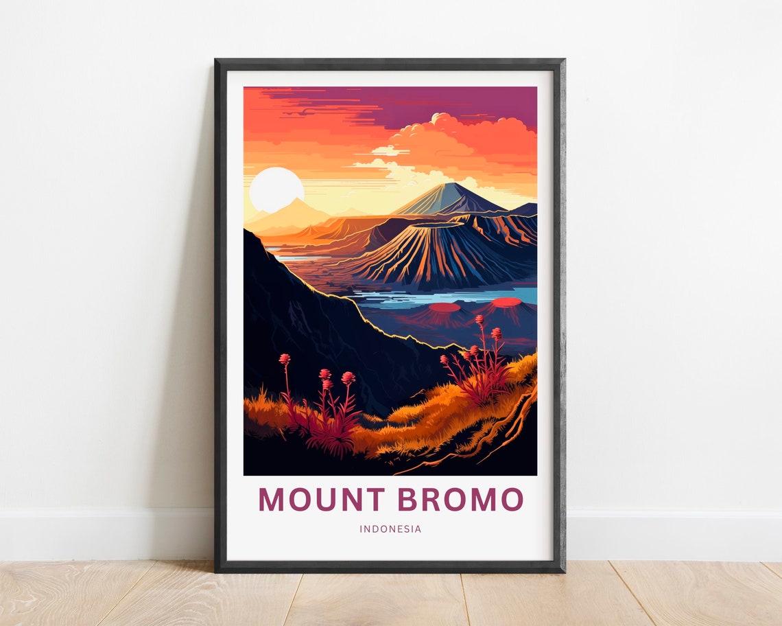 Mount Bromo Indonesia Sunset Volcano and Wildflowers Art Poster