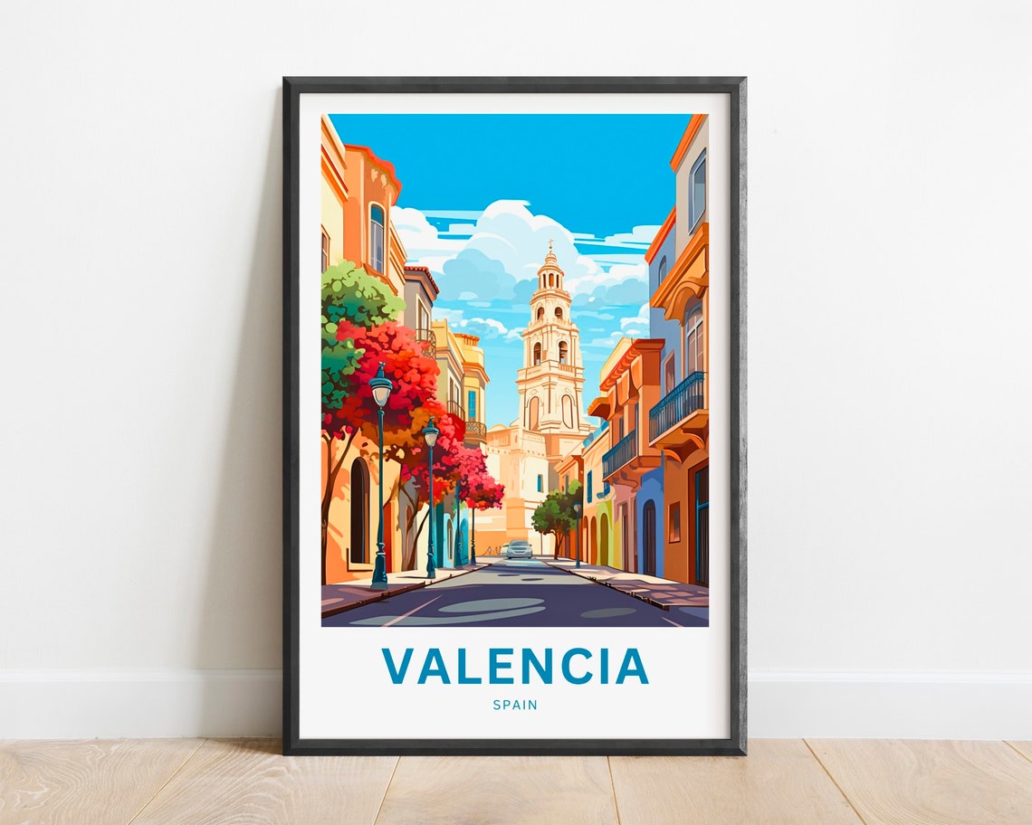 Valencia Spain Colorful Street Church Tower Illustration Poster