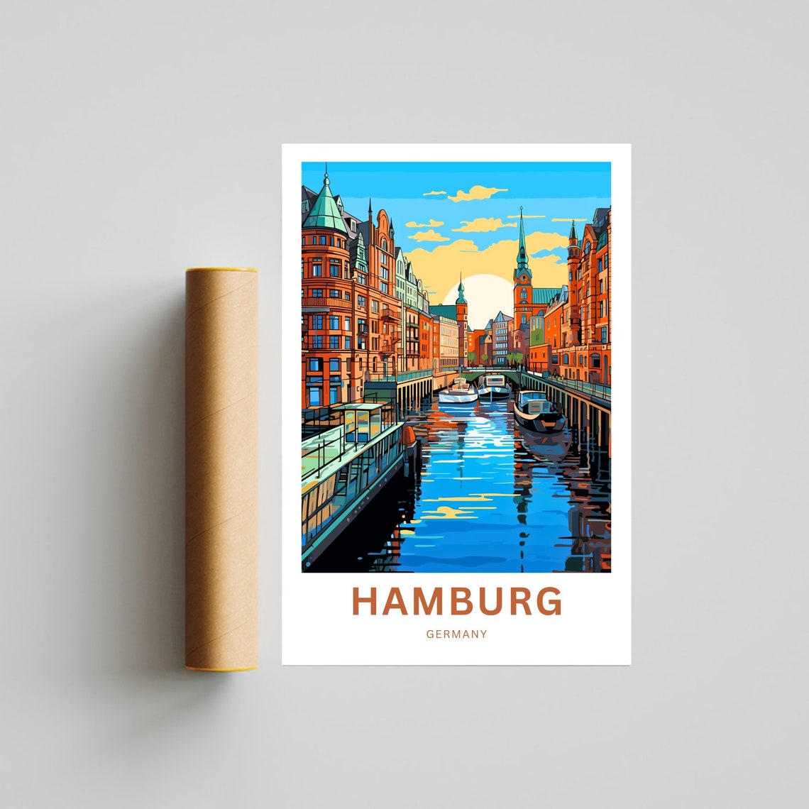 Hamburg Germany Picturesque Canal Boats Golden Hour View Poster - Image 4