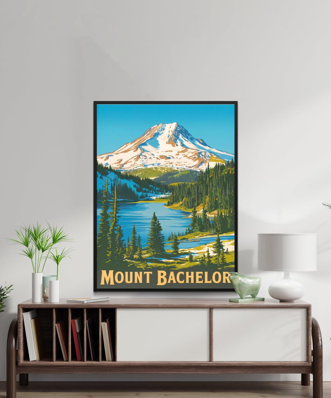 Retro Mount Bachelor Oregon Snowy Peak Lake Pines Travel Poster - Image 2