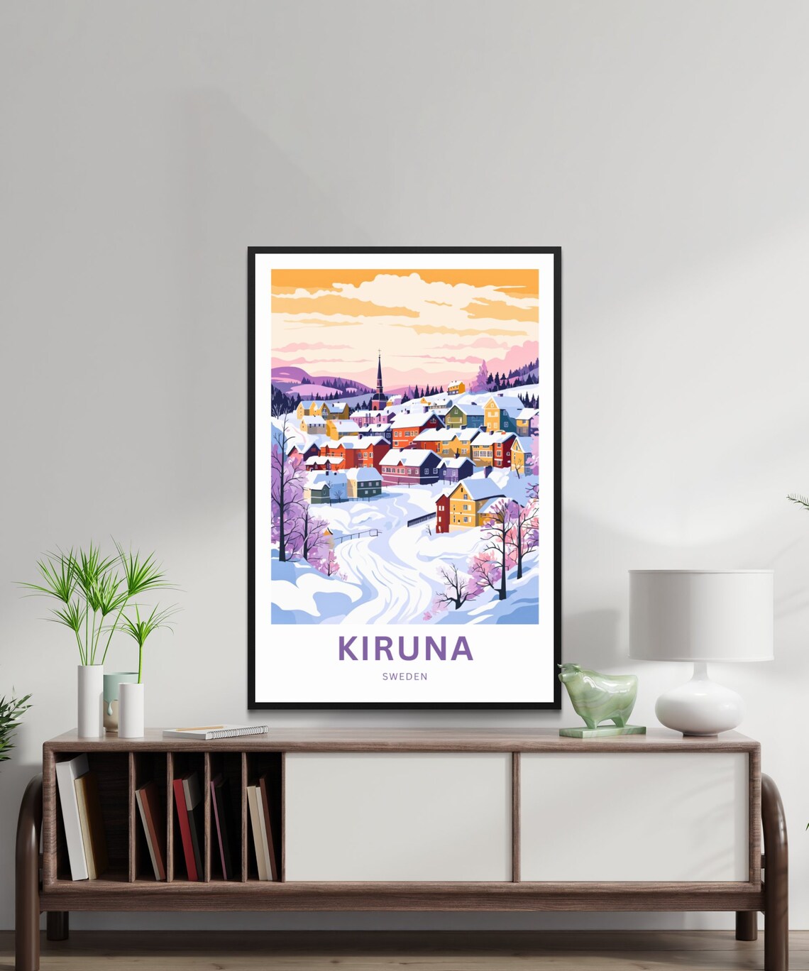 Kiruna Sweden Colorful Houses Church Snowy Scene Personalized Poster - Image 2