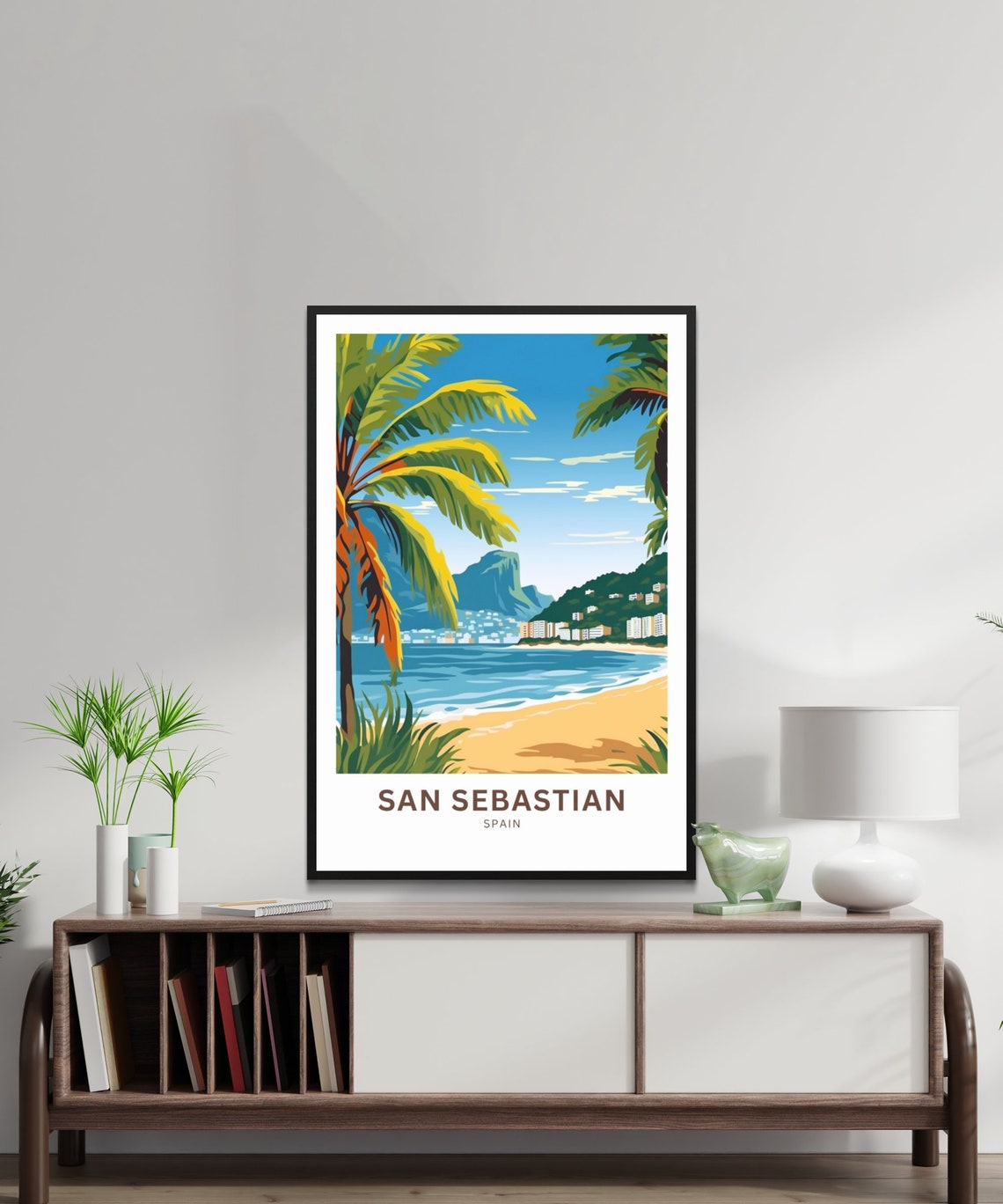San Sebastian Spain Beach Palm Trees Ocean Bay Custom Text Poster - Image 2