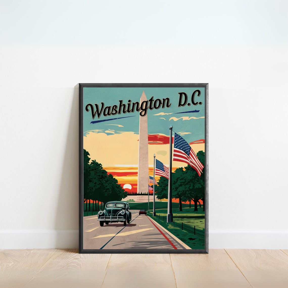 Washington DC Vintage Monument Flags Classic Car Sunset Travel Poster