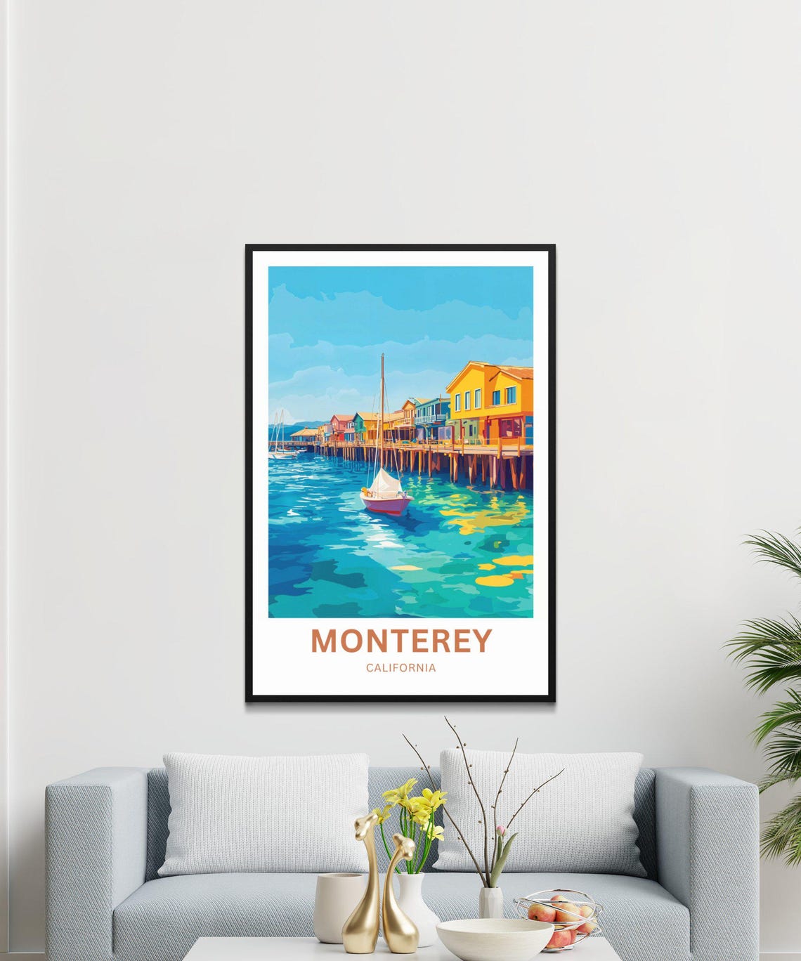 Monterey California Waterfront Sailboats Colorful Pier Houses Poster - Image 4