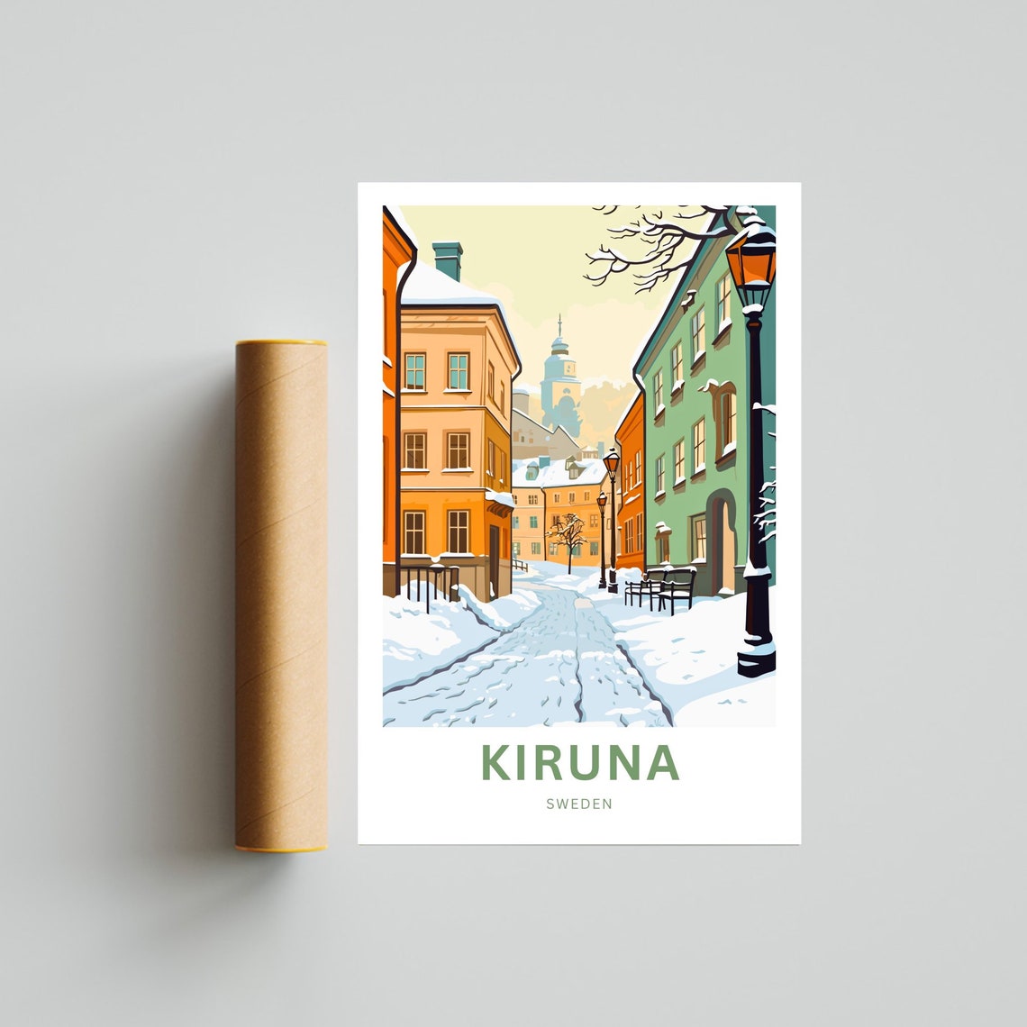 Kiruna Sweden Snowy Old Town Street Personalized Text Poster - Image 4