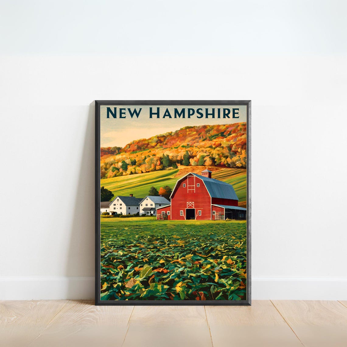 New Hampshire Vintage Red Barn Farm Fall Hillside Scene Travel Poster