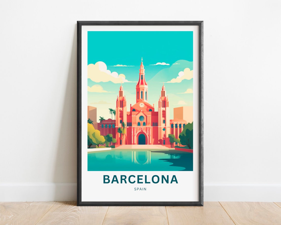 Barcelona Spain Historic Church Waterfront Reflection Travel Poster