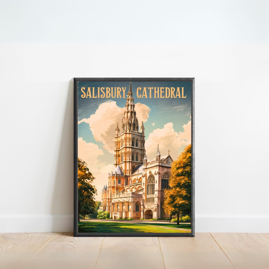 Salisbury Cathedral England Vintage Style Gold Lettering Poster