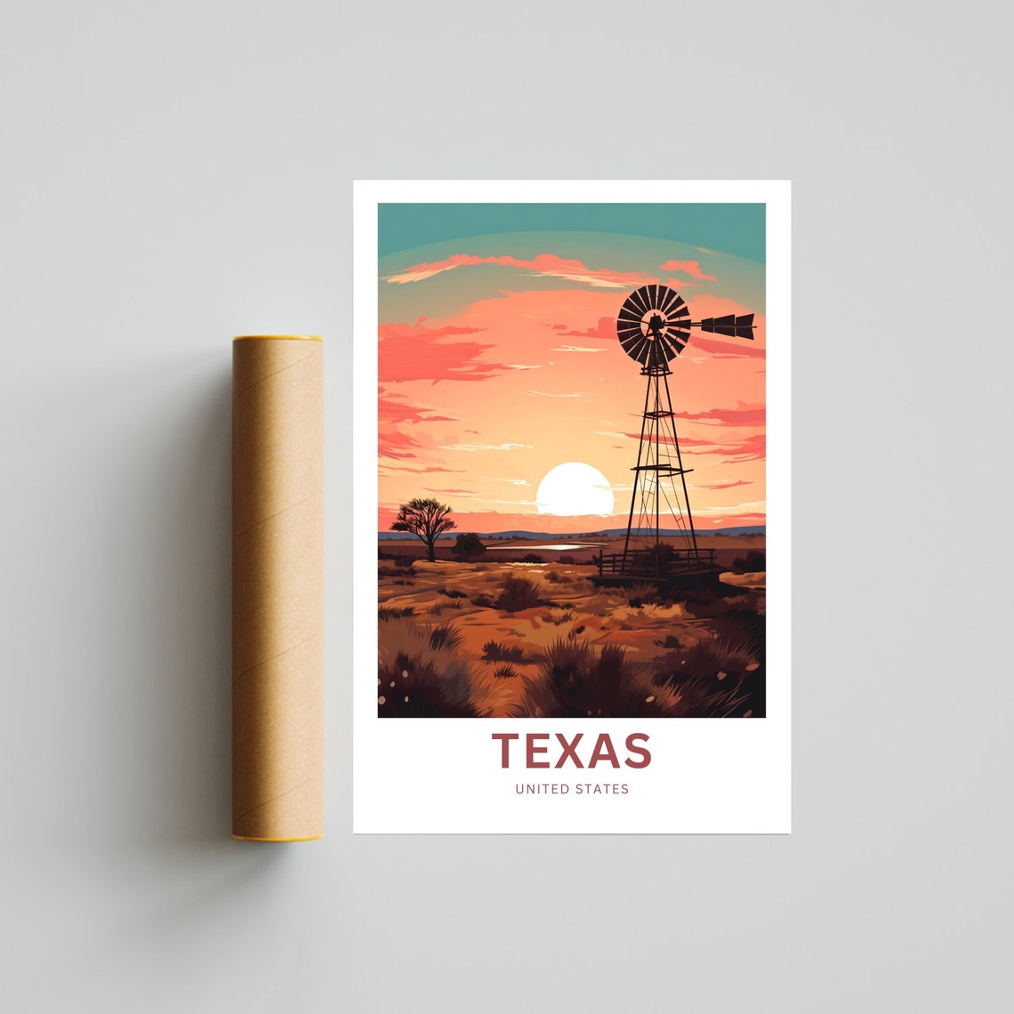 Texas Windmill Silhouette At Fiery Sunset Desert Sky Travel Poster - Image 4