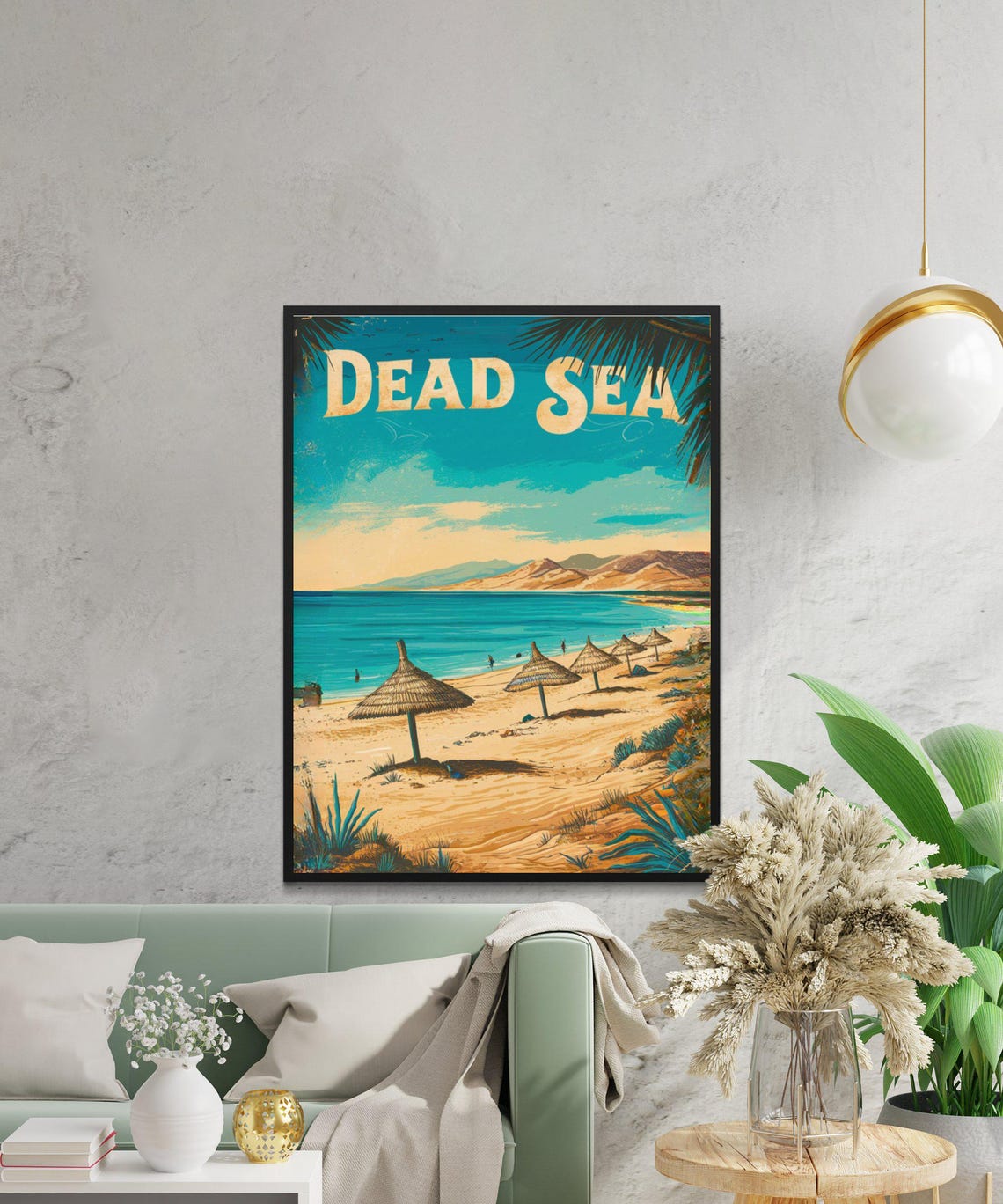Dead Sea Beach Straw Umbrellas Sandy Shore Retro Sunset Travel Poster - Image 3