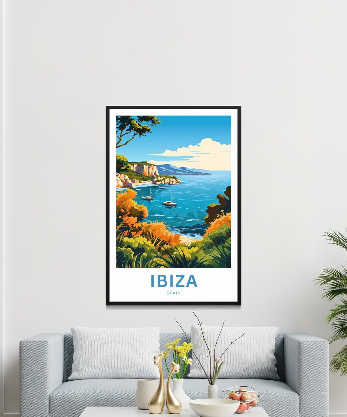 Ibiza Spain Cliffs Boats Coastal Blooms Personalized Travel Poster - Image 3