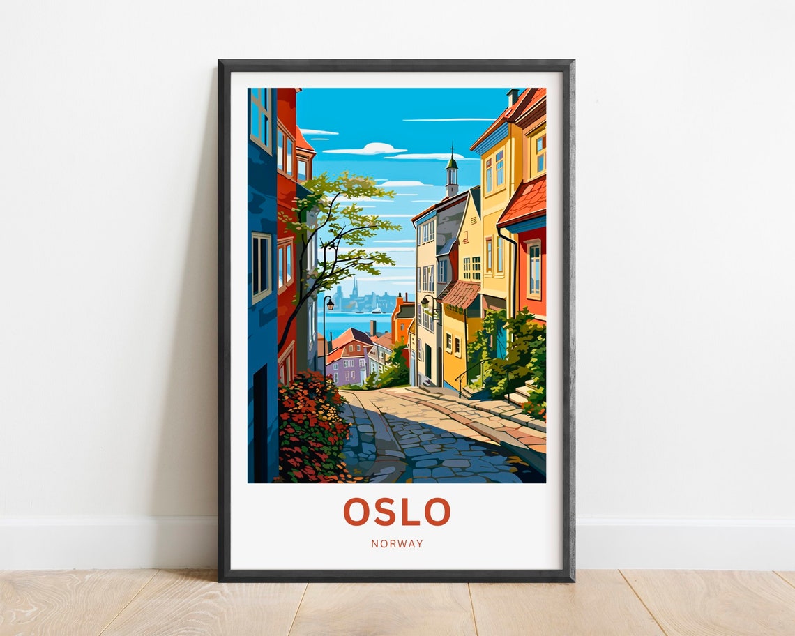 Oslo Norway Cobblestone Street Harbor View Vintage Travel Poster
