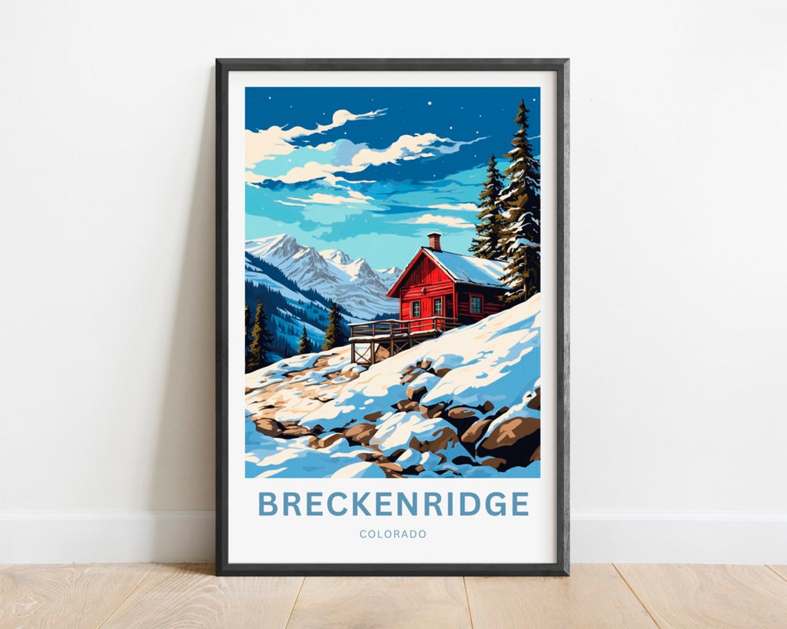 Breckenridge Colorado Red Cabin Snowy Mountains Night Sky Poster