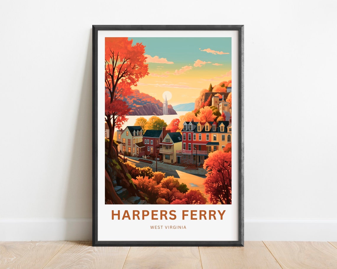 Harpers Ferry Fall River Sunset Town View Golden Hour Travel Poster